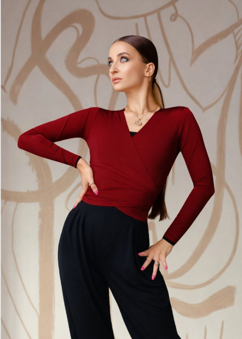 Жіночий топ на запах із довгим рукавом Grand Prix STASSI мікрополіамід, бордо, XS