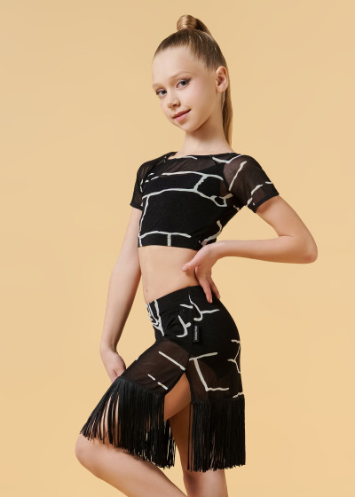 FANCY DANCY - Комплект RUMOR (топ + юбка) микрополиамид+сетка принт, чёрный+белый, 128см